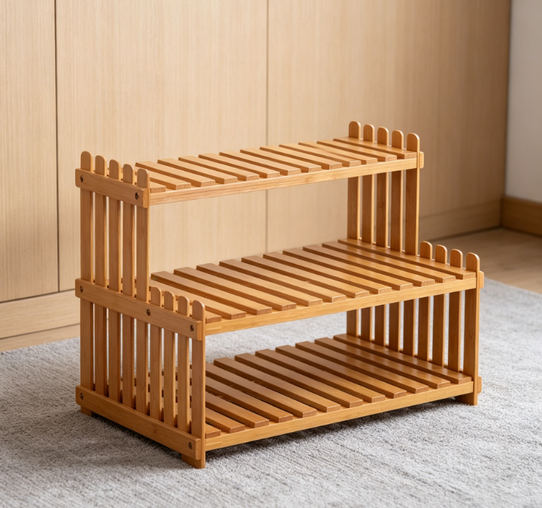 Three-Tiered Nan Bamboo Plant Stand with Fence-Style Railing
