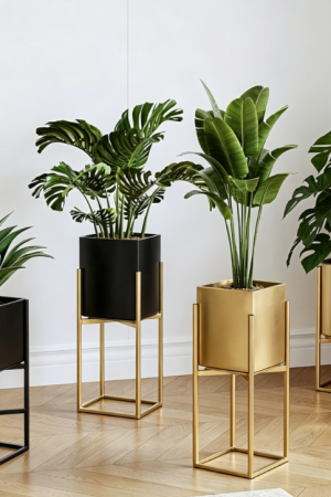 Light Luxury Geometric Metal Tall Plant Stand Set